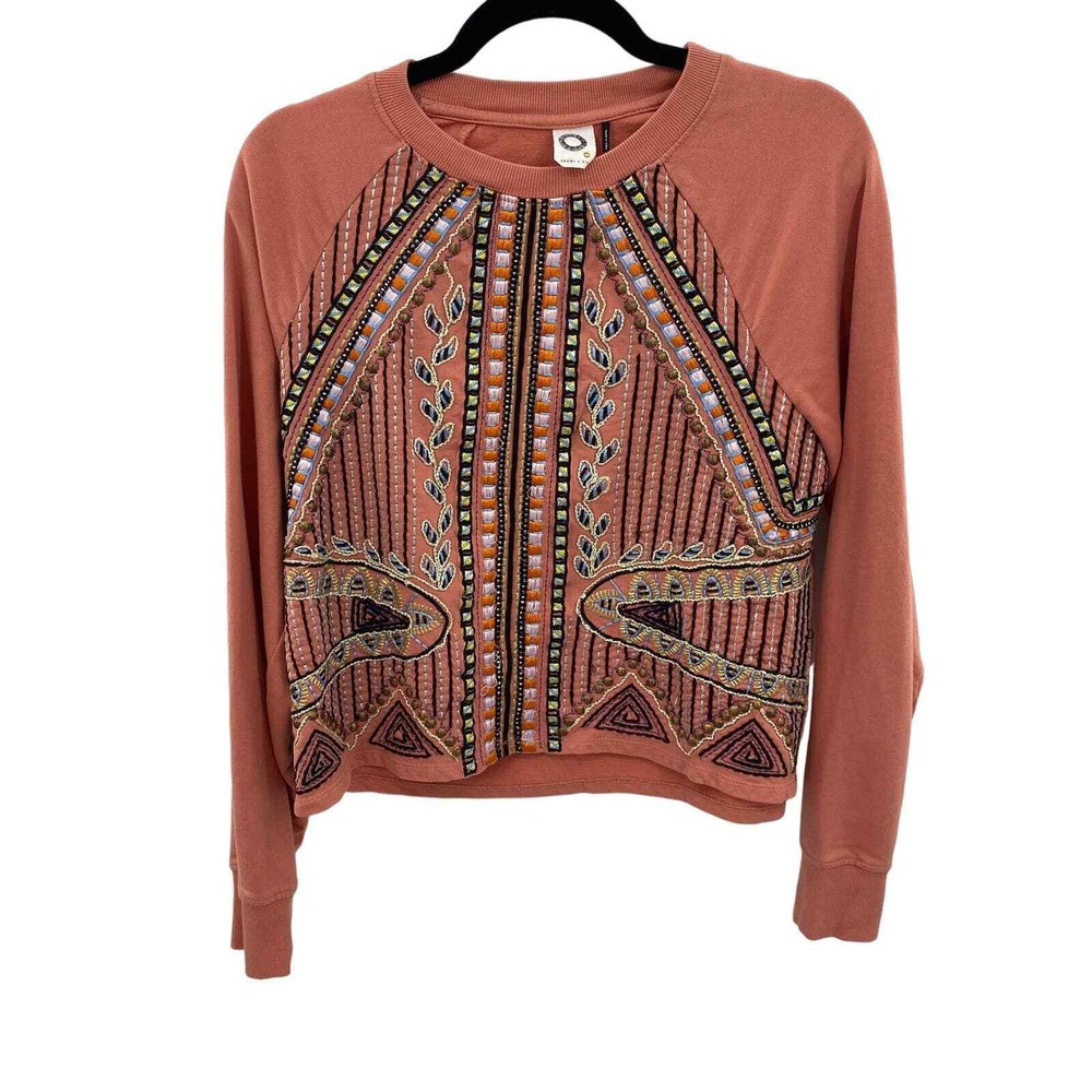 Anthropologie Akemi & Kin Sweater Womens Small Peach Cotton Emrboidered Beaded